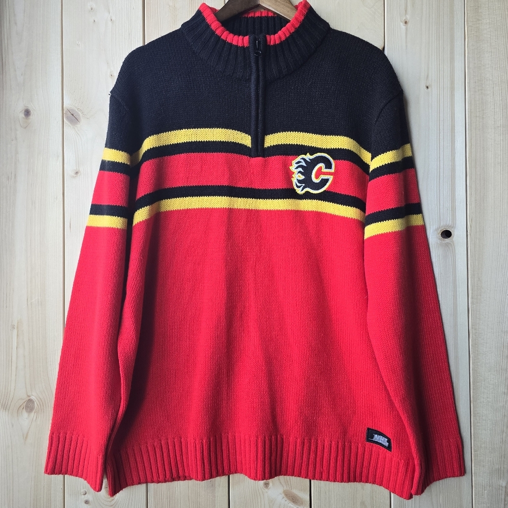 Vintage NHL Calgary Flames Hockey 1/4 Zip Knit Sweater Acrylic Mens XL